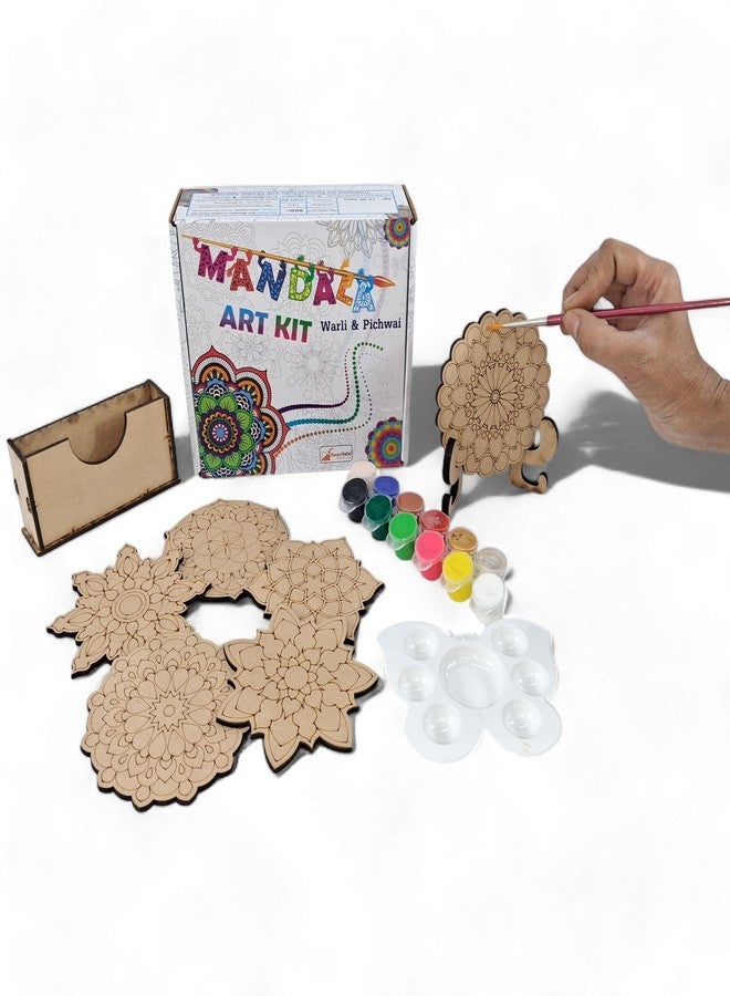 StepsToDo Mandalas Paint Kit D - Tea Coaster Art Set | Mandal Art, Set of 6 Bases (4 Inch) with Case, Colours, Painting Brush & Dish - Image 2